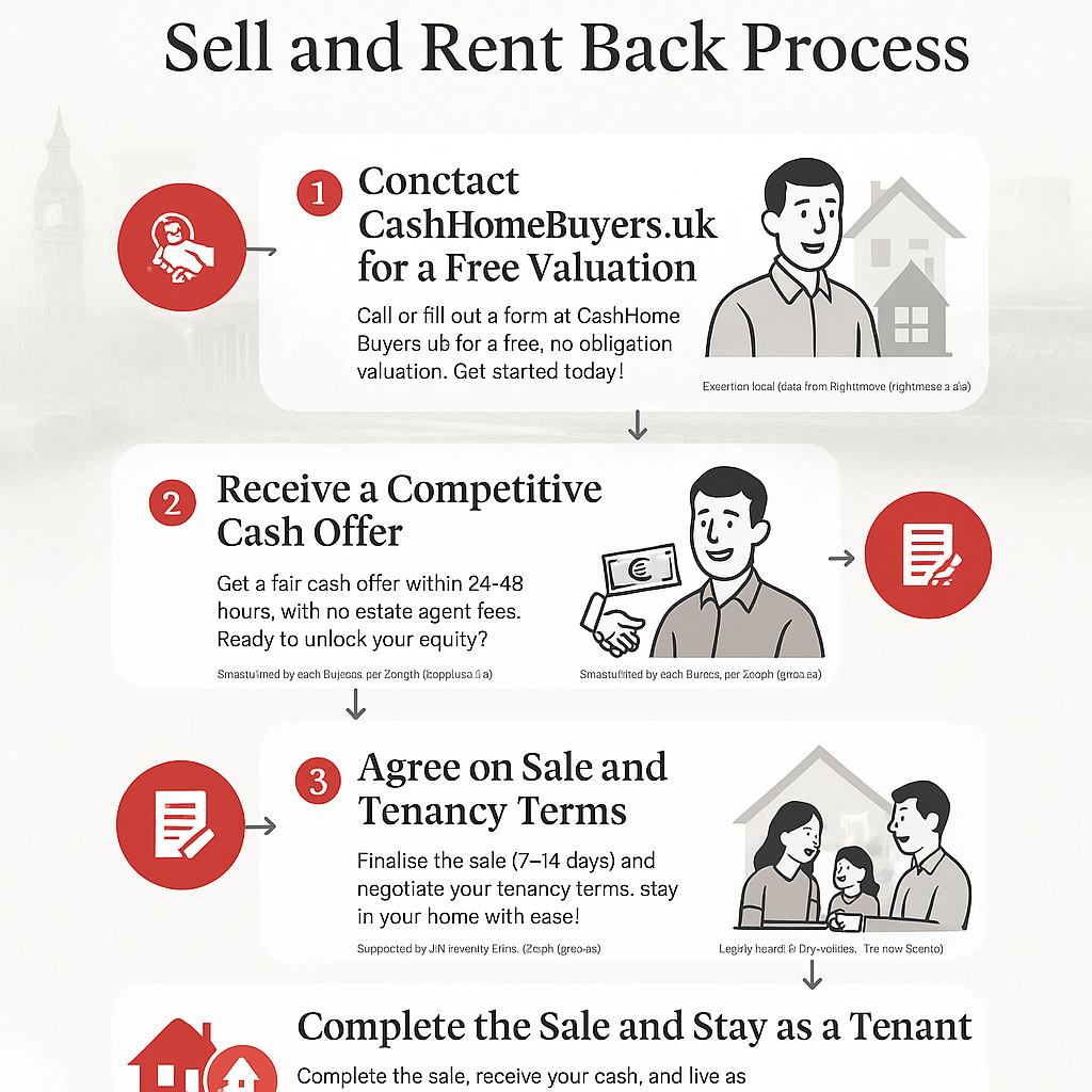 Sell and Rent Back Process infographic by CashHomeBuyers.uk, detailing steps to sell and stay as a tenant.